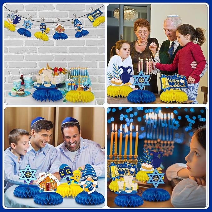JULMELON 8PCS Hanukkah Table Decorations Honeycomb Centerpiece, Chanukah Decor Dreidel Menorah Table Toppers Happy Hanukkah Decorations for Home Party Favors Supplies