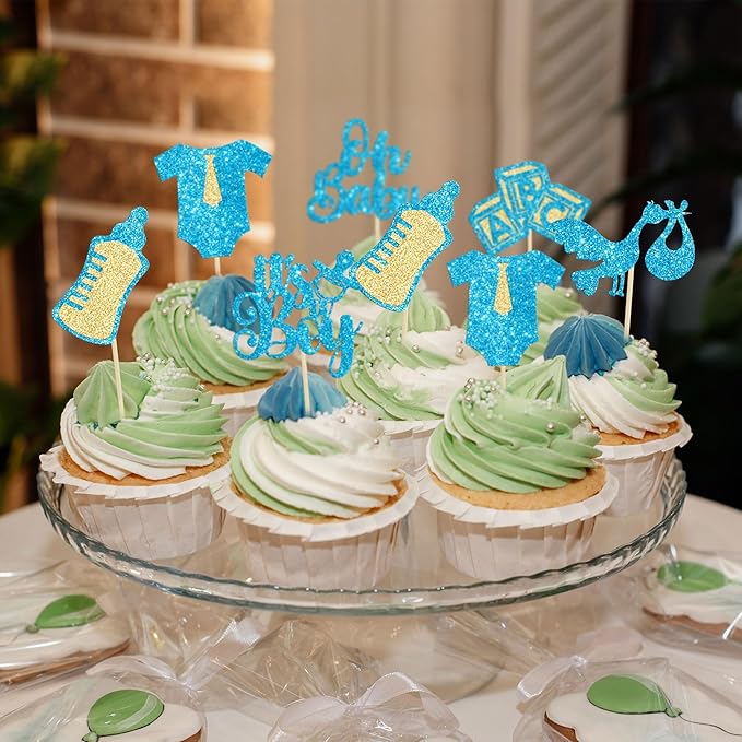Gyufise 24Pcs Baby Shower Oh Baby Cupcake Toppers It's a Boy Cupcake Picks Glitter Tie Onesie Baby Bottle Cake Picks Decorations for Gender Reveal Baby Shower Boys Birthday Party Supplies Blue