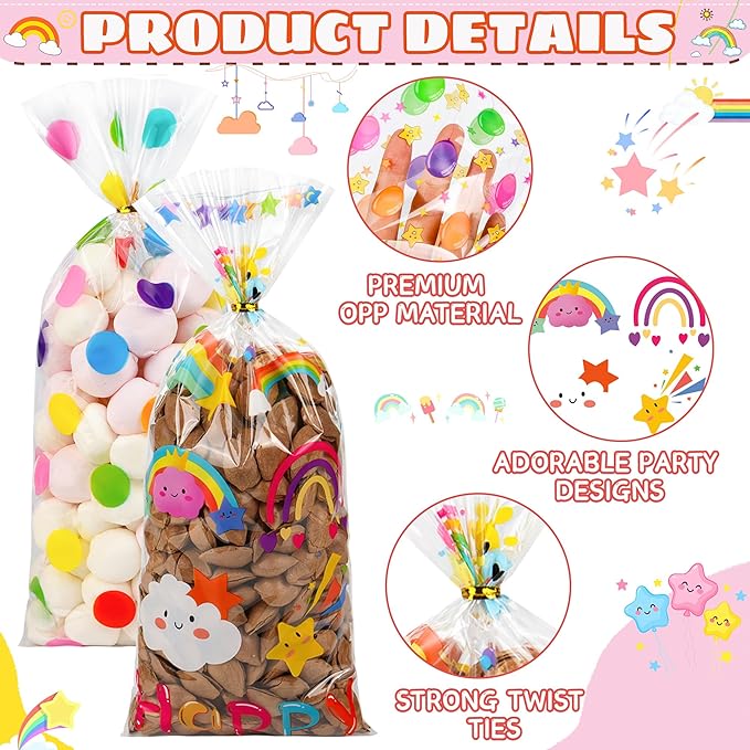 50PCS Rainbow Cellophane Treat Bags: Clear Goodie Bags with 60 Twist Ties for Kids Birthday Party Favors Wrapping, Durable Clear Plastic Gift Bag for Candy Cookies Treat Classroom Return Gifts