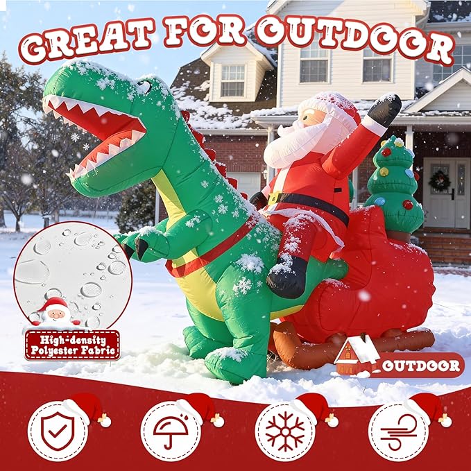 JOYHALO 8.2FT Long Christmas Inflatables with LED Santa Ride on Dinosaur Outdoor Christmas Dinosaur Inflatable Blow Up Yard Decorations with Sandbags Stakes Strings for Garden Decor