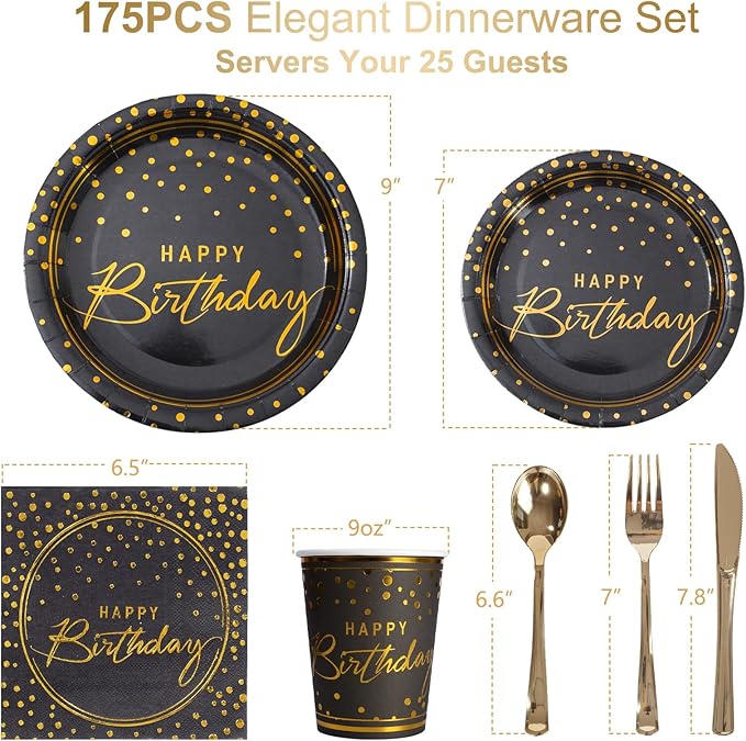 175PCS Happy Birthday Disposable Dinnerware Set Party Supplies, Paper Black Gold Plates and Napkins with Gold Plastic Forks Knives Spoons Serve 25 Guests for Birthday Party Decoration