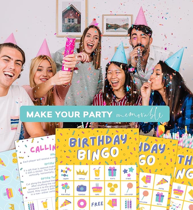 Markt Birthday Party Games for Kids, Birthday Bingo Game, Kids Party Games, Kid Bingo Game Decorations, Activities and Supplies for Girls or Boys (Yellow)