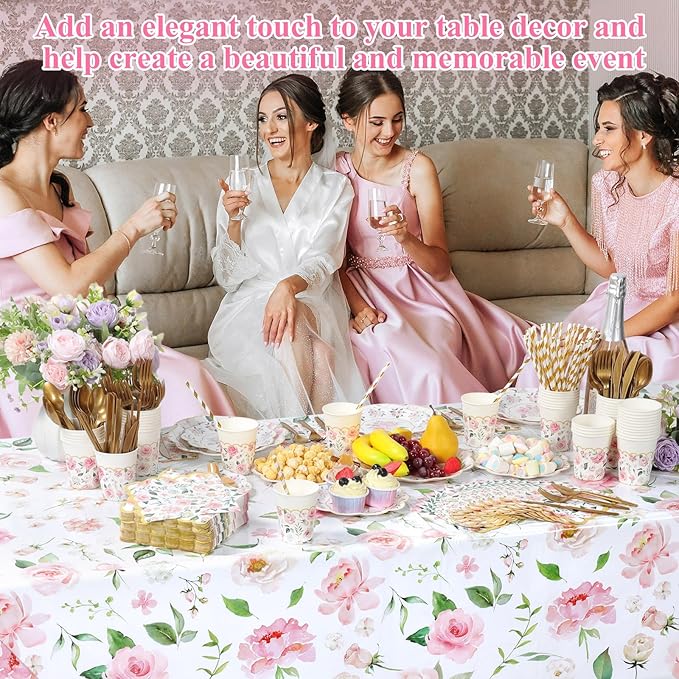 LemonRoad 452 Pcs Pink Floral Party Decorations for 50, Tea Party Paper Plates Napkins Cups Tablecloth Cutlery Straws Floral Disposable Tableware for Spring Bridal Shower Baby Shower Birthday Supplies