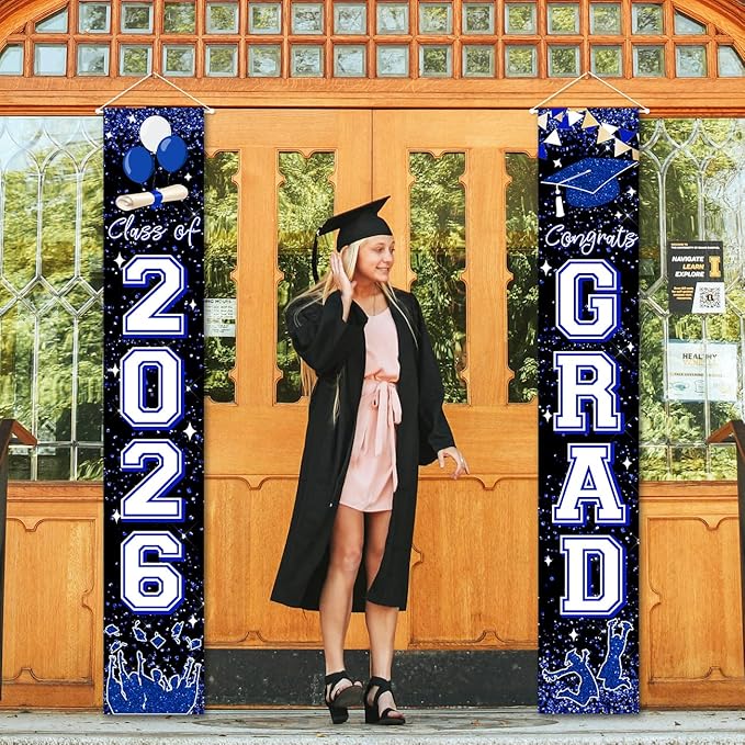 Graduation Decorations 2026 GRAD Banner Blue Door Porch Signs Welcome Banner for Outdoor Indoor Wall Graduation Decorations Class of 2026