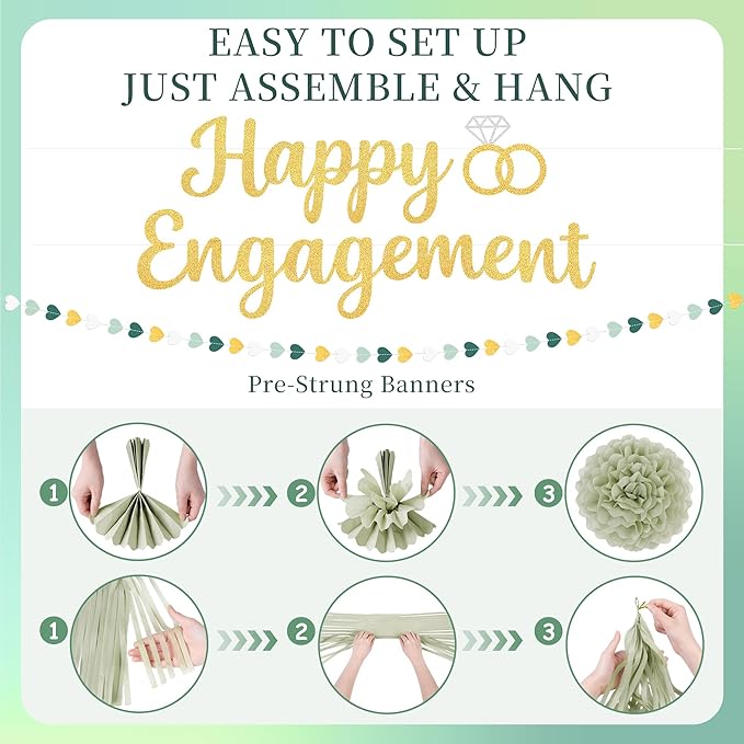 Engagement Party Decorations Sage Green Engaged Decorations with Gold Happy Engagement Banner, Includes Paper Pom Poms Paper Lanterns, Tassels for Couple Bridal Shower Decor