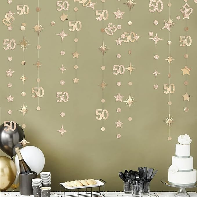 Champagne Gold 50th Birthday Decorations Number 50 Circle Dot Star Garland Metallic Streamer Banner for Women Mens Cheers to 50 Years Old Birthday Happy 50th Anniversary Vintage 1975 Party Supplies