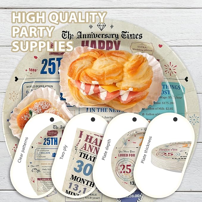 96Pcs 25th Anniversary Party Decorations Retro 25 Years Plates and Napkins 25th Anniversary Disposable Tableware Set for Vintage 25 Year Wedding Company Party Supplies Serves 24