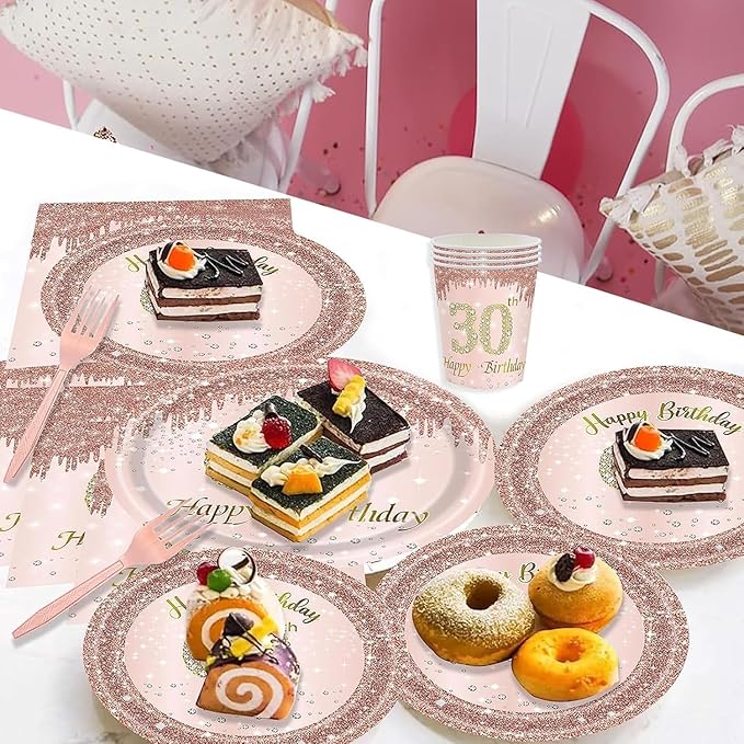 121Pcs 30th Birthday Party Supplies Plates Napkins Cups Forks Tablecloth Rose Gold Happy 30th Birthday Themed Disposable Tableware Decorations Serves 24 Guests for Women Her 30 Years