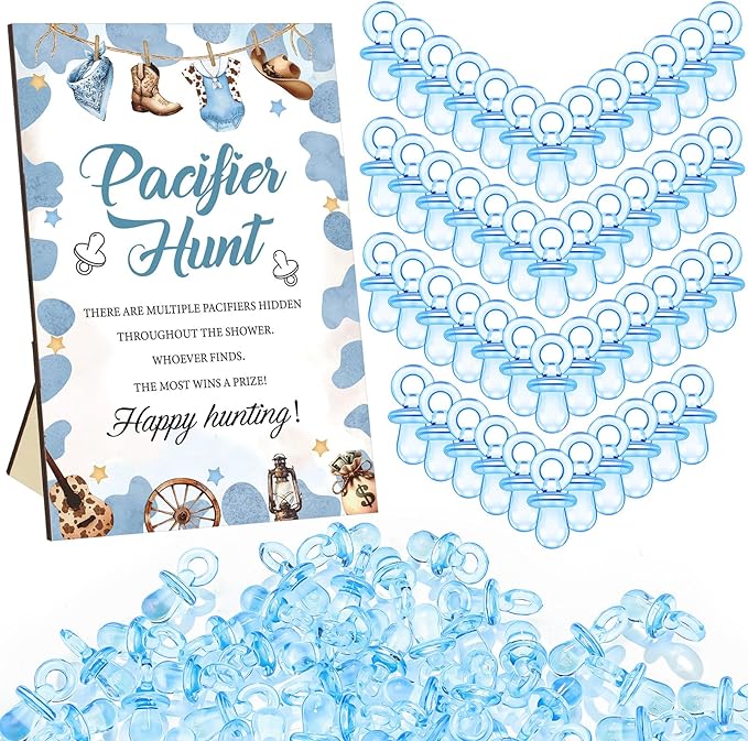 Thyle 51 Pcs Cowboy Pacifier Hunt Baby Shower Games Boys Include Hunt Sign and 50 Acrylic Pacifiers for a Little Cowboy Is on The Way Theme Baby Shower Game Decoration for Gender Reveal Party Decor