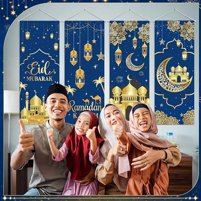 Panelee 4 Pcs Ramadan Mubarak Porch Sign Banners Blue Gold Eid Mubarak Decorations Muslim Ramadan Kareem Door Banner Backdrop for Home Doorway Indoor Outdoor Wall Hanging Decor