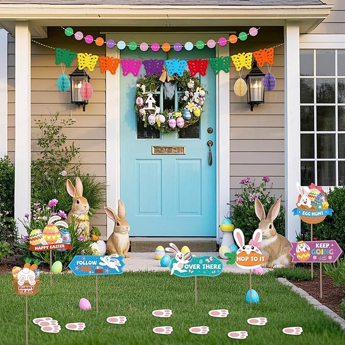 AhfuLife Easter Decorations Set, Happy Easter Bunny Paper Banner, Easter Egg Hunt Signs Clues with Sticks and Bunny Feet, Reusable Bunting for Home Garden Indoor Outdoor Party Game Decorations