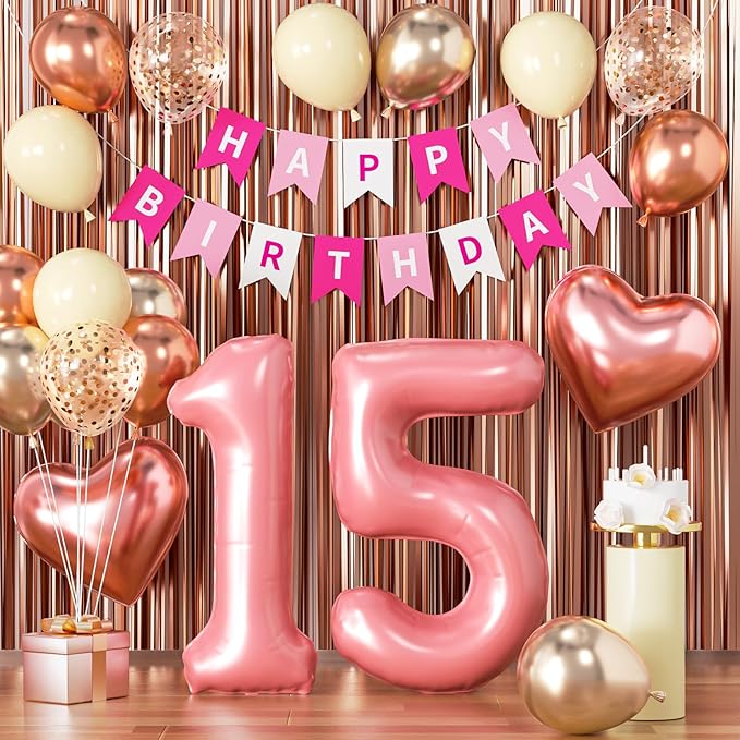 15th Birthday Decorations for Girls, Rose Gold Quinceanera Party Supplies Set with Mis Quince Banner, Number 15 Balloon and Foil Fringe Curtains