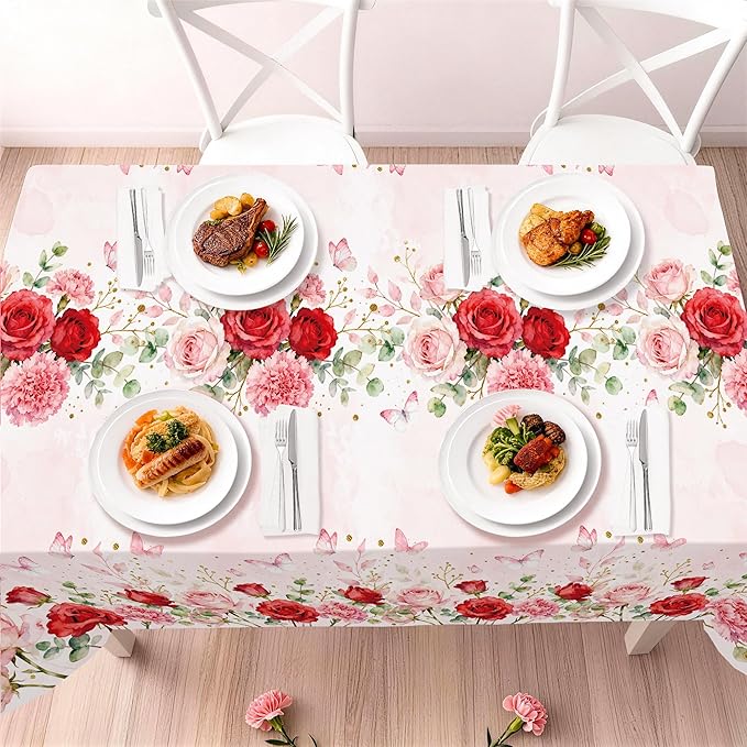 Childom 3 Pack Mothers Day Decorations,Mothers Day Tablecloth,54" x 108" Disposable Plastic Table Cloth for Rectangle,Pink Table Cover for Mom Birthday,Party Supplies,Home,Dinner,Indoor,Outside