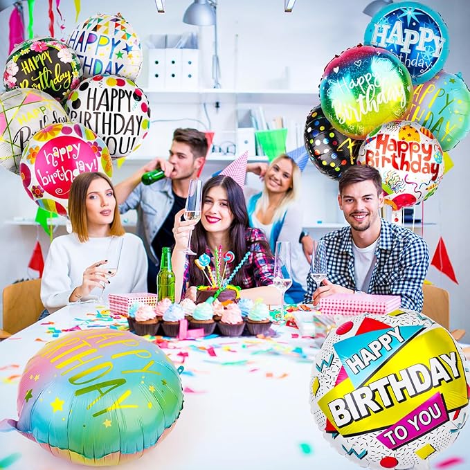 100 Pcs Happy Birthday Aluminum Foil Balloons for Birthday Party Decoration Supplies, 18 Inches Round Helium Floating Mylar Balloon (20 Patterns)