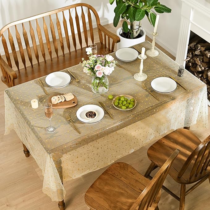 Horaldaily Beige Gold Sparkling Star Gauze Tablecloth 60x104 Inch Rectangular, Golden Star Sequin Glitter Metallic Foil, Sheer Tulle Cheesecloth for Wedding Baby Shower Party