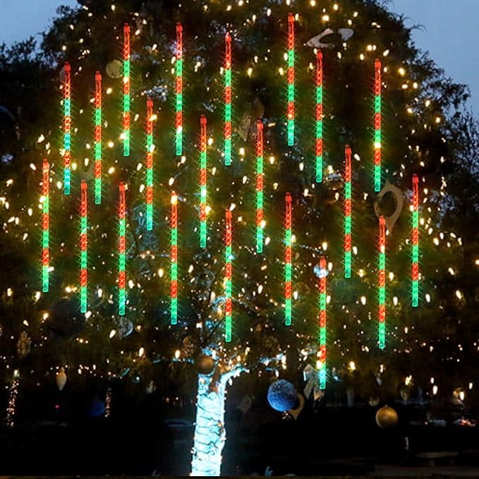 Dazzle Bright Red and Green Christmas Lights, 288 LED 11.8 Inch Meteor Shower Rain Lights with 8 Tubes, Waterproof Plug in Falling Rain Light Christmas Decorations for Xmas Bushes Tree Yard Party