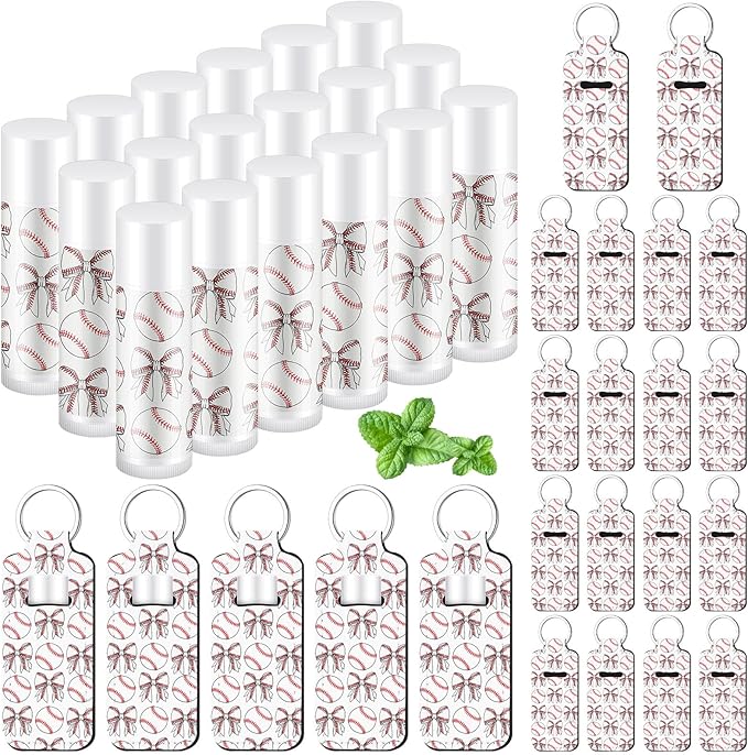 18 Sets Baseball Bow Party Favors Lip Balm and Holder Keychain Bulk Baseball Senior Night 2026 Party Supplies Sport Team Gifts Goodie Bags Stuffers for Sports Lovers Coach Players Accessories