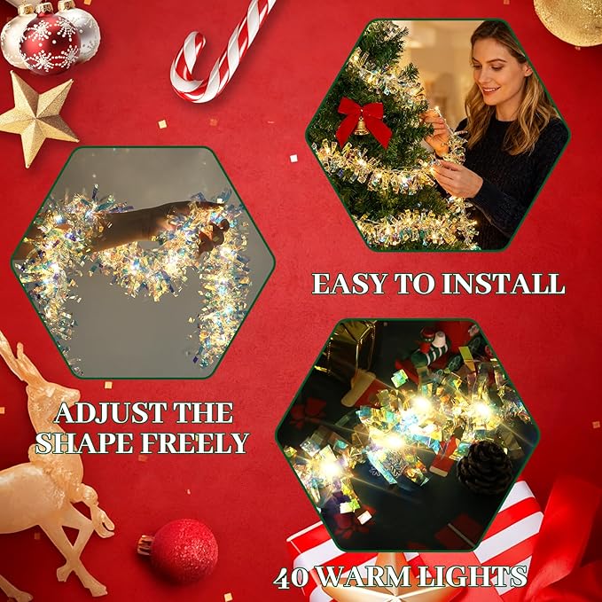 LAWOHO 6.5FT/2M Christmas Tinsel Garland with 40 LED Lights, Shiny Iridescent Foil Decorations for Christmas Tree, Wedding Birthday Party Supplies, New Year Holiday Parties, Indoor Hanging Home Decor