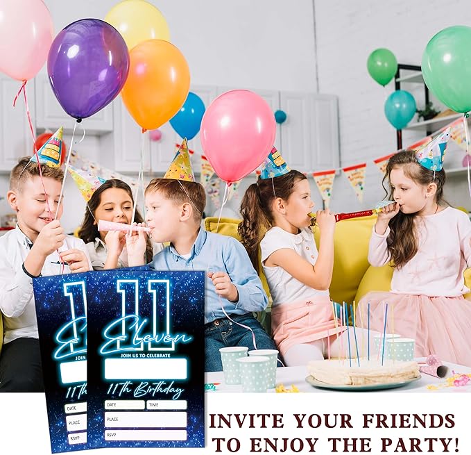 SIXEIGHT Blue 11th Birthday Party Invitations for Boys, Glow Neon Birthday Invitations, 20 Double Sided Invite Cards with Envelopes for Kids Girls, Party Decorations Supplies, 4"x6"-C11