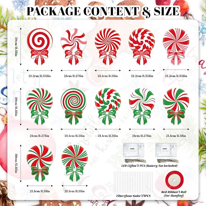 12 PCS Christmas Candy Yard Signs with LED Lights, Peppermint Lollipop Xmas Outdoor Decorations with Stakes, Christmas Garden, Yard, Lawn, Patio, Pathway Decor