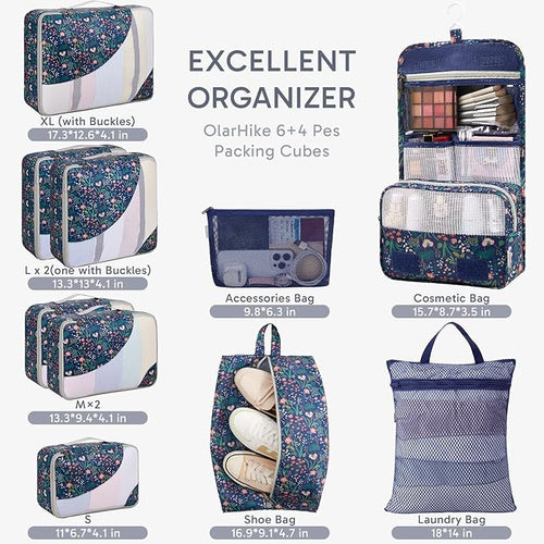10 Set Packing Cubes for Travel, Gifts for Women Mom,Anti-Tearing Suitcase Organizer for Luggage with Shoe & Hanging Toiletry Bag,OlarHike Vacation Essentials & Accessories for Cruise Ship