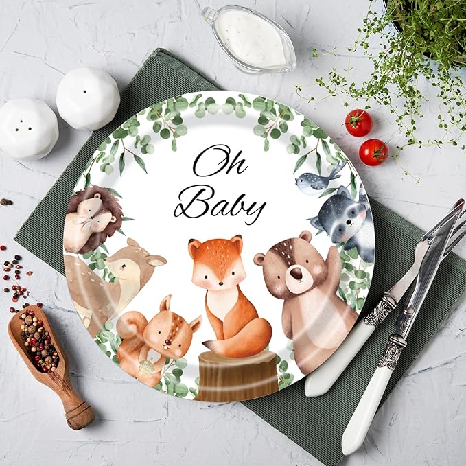 40Pcs Woodland Baby Shower Plates and Napkins Party Supplies, 9 Inch Nature Sage Paper Plates and Napkins Disposable Tableware Set for Boys Girls Safari Jungle Animal Party Decorations