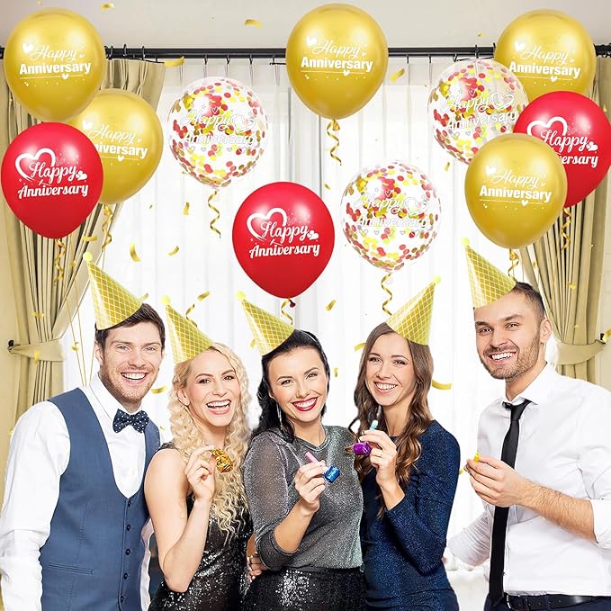 Happy Anniversary Balloons 18Pcs Red Gold Party Decorations for Women Men 12Inch Metallic Confetti Balloons for Indoor Outdoor Party Supplies