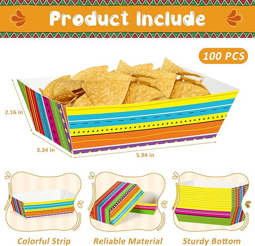 100 Pcs Cinco De Mayo Nacho Trays, Fiesta Paper Serving Trays Colorful Mexican Stripe Design, Disposable Mexican Theme Party Decor, Kitchen Dinnerware for Fiesta Birthday Carnival Party Supplies