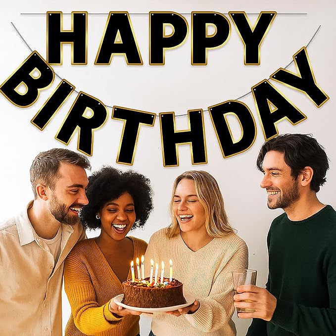 Happy Birthday Banner Black & Gold Birthday Signs Banners, Birthday&Colorful Party Decorations for Girls, Boys, Women, Adults, Pets, Photo Backdrop & Wall Decor for All Celebrations