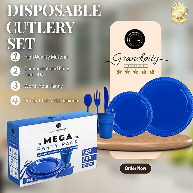 720 Piece Blue Disposable Dinnerware Set (120 Guests) Plastic Dinnerware Set Disposable - 120 Count, 9" Dinner Plates, 7" Dessert Plates, 12oz Cups, Forks, Knives & Spoons- Plastic Party Plates Set
