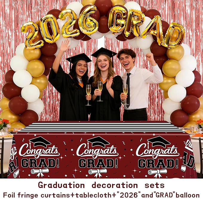 7-Pack Graduation Party Decorations Set, 3 Maroon Graduation Tablecloths 54 x 108 in, 2026 and Grad Balloons, 2 Foil Fringe Curtains for High School College Graduation Party Photo Booth