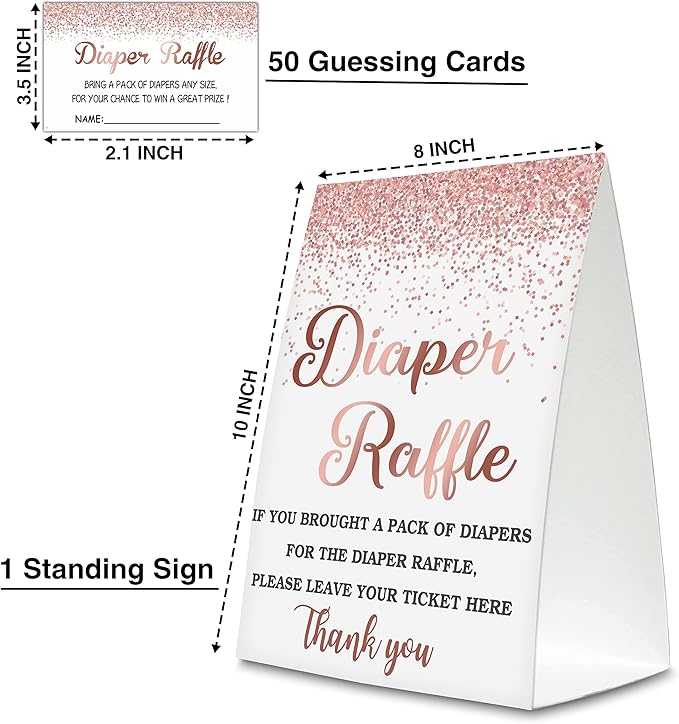 Diaper Raffle For Baby Shower, Pink Rose Gold Cards, 1 Sign & 50 Guess Cards Kit, Party Favors, Decorations, For Baby Shower Reveal Gender Game to Bring a Pack of Diapers - DIAPER-003
