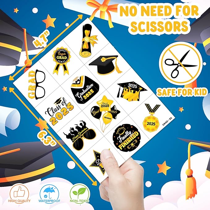96 PCS Happy Graduation Grad Congrats Pre-Cut Temporary Tattoos for Kids | Super Cute Themed Birthday Party Favors, Supplies, Decorations, Fake Tattoo Stickers (Multiple)