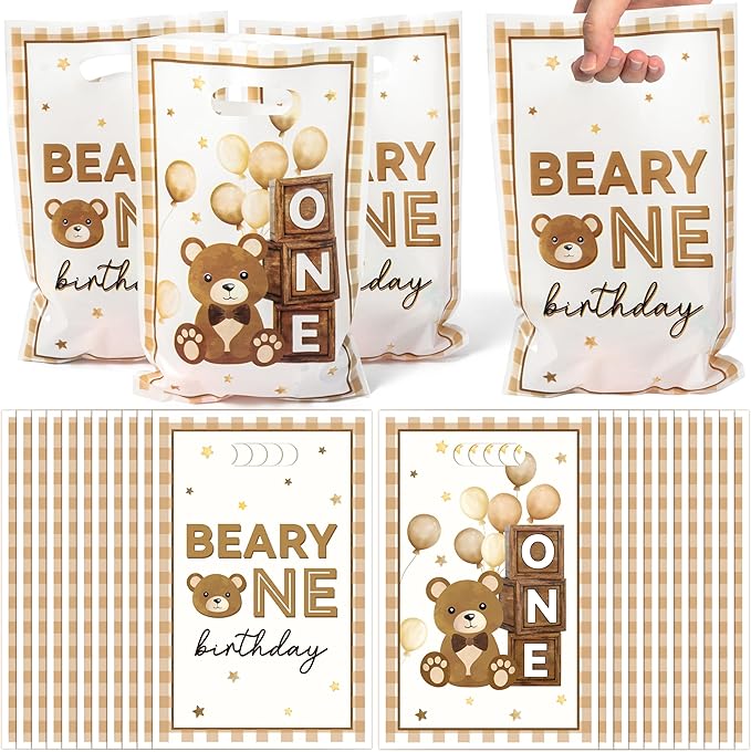 Beary First Birthday Party Favor Bag 50Pcs Brown Bear Sweet Goody Candy Treat Gift Bags Beary One My 1st Birth Day Theme Party Decorations for Kids One Year Old Birthday Supplies