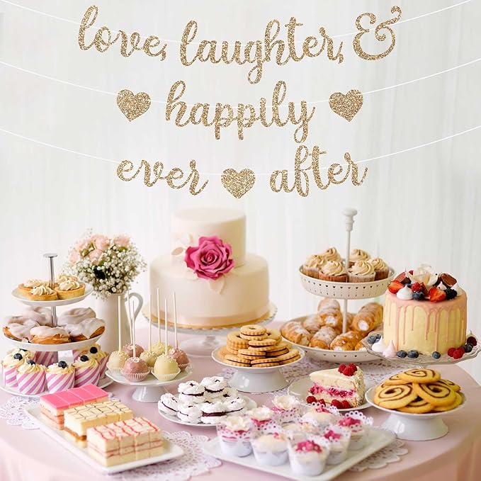 Pre-Strung Love Laughter & Happily Ever After Banner - NO DIY - Gold Glitter Bachelorette Wedding Bridal Party Banner - Pre-Strung Garland on 8 ft Strand - Gold Bachelorette Bridal Engagement Party