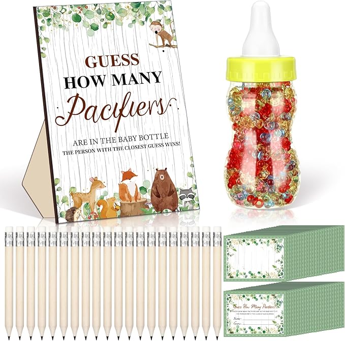 Syhood Woodland Animal Baby Shower Games Guess How Many Pacifiers Game Sign 50 Small Guessing Games 20 HB Pencils 750 ml Milk Bottle 400 Pacifiers Decorations Guests Gender Reveal Party Favors