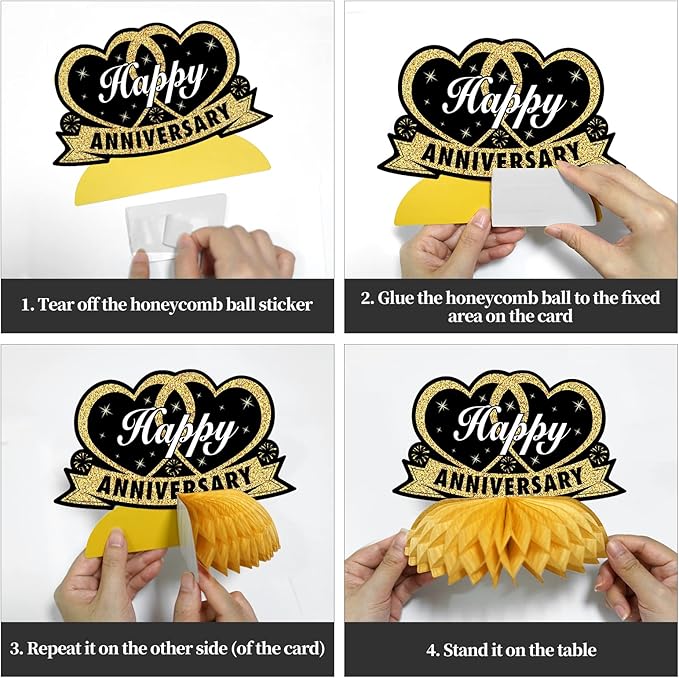 8Pcs Happy Wedding Anniversary Decorations Table Honeycomb Centerpieces, Anniversary Theme Party Supplies for Adult, Black Gold 10th 20th 30th 40th 50th 60th Anniversary Table Sign Decor