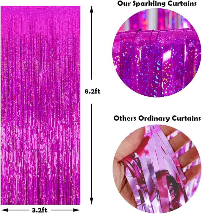 Melsan Hot Pink Tinsel Foil Fringe Curtains, Rose Red Sparkle Photo Backdrop 3.2 ft x 8.2 ft for Birthday Disco Bachelorette Party Decorations, 2 Pack
