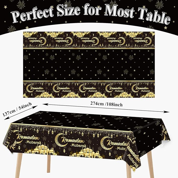 1PC Ramadan Mubarak Tablecloths Eid Mubarak Table Decorations Ramadan Kareem Party Supplies Black and Golden Rectangle Table Cover for Eid Al-fitr Party Favors