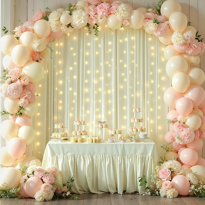 10 x 10ft Beige Backdrop Curtains with Lights String for Wedding Photo Background Drapes Wrinkle Free Polyester Curtain Backdrop for Baby Shower Birthday Parties Reception Ceremony - 5 x 10ft 2 Panels