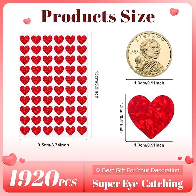 1920pcs Heart Stickers, Valentines Stickers, 0.5inch Holographic Glitter Small Mini Red Hearts Sticker Love Stickers for Valentine's Day, Mother's Day, Award Charts, Envelopes, Crafting, Scrapbooking