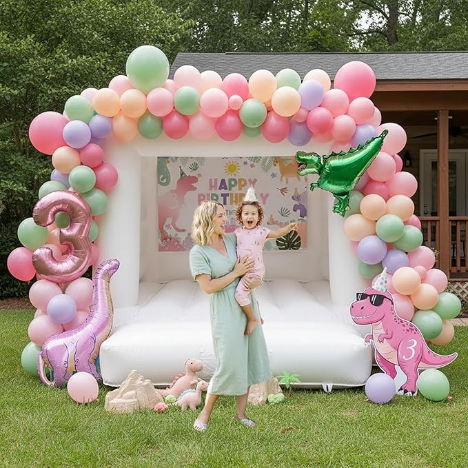 Dinosaur Balloon Garland Arch Kit Pastel Pink green and purple with Number 3 mylar balloon & Banner & backdrop for Girl Dino Baby Shower Dinosaur 3rd Birthday Three Dino Rex Party decorations