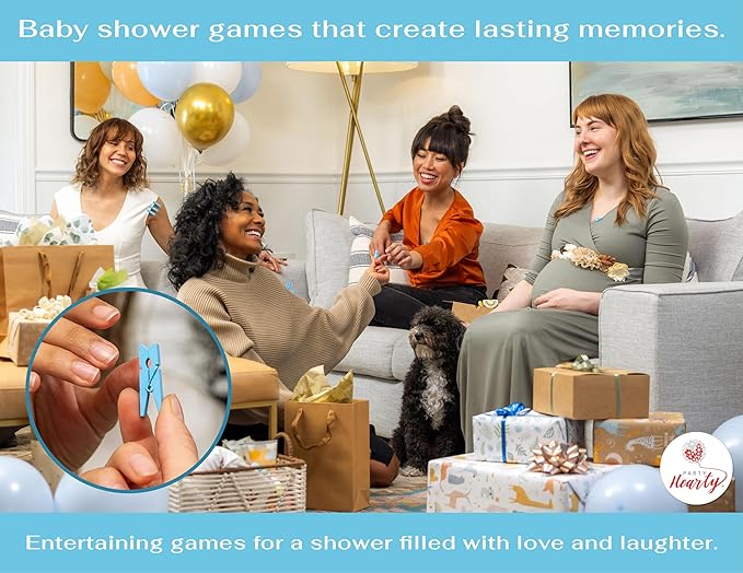 Party Hearty Baby Shower Games for Boy, Don't Say Baby Game,1 Sign and 50 Mini Blue Clothespins, Shower Game Ideas