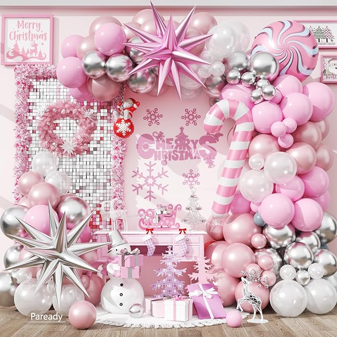 Christmas Balloon Arch Kit, Pink and White Silver Balloons Garland Arch with Double Pearl White Pink Balloons, Candy Cane Windmill Star foil Balloon for Christmas New Year Winter Decorations