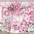 Christmas Balloon Arch Kit, Pink and White Silver Balloons Garland Arch with Double Pearl White Pink Balloons, Candy Cane Windmill Star foil Balloon for Christmas New Year Winter Decorations