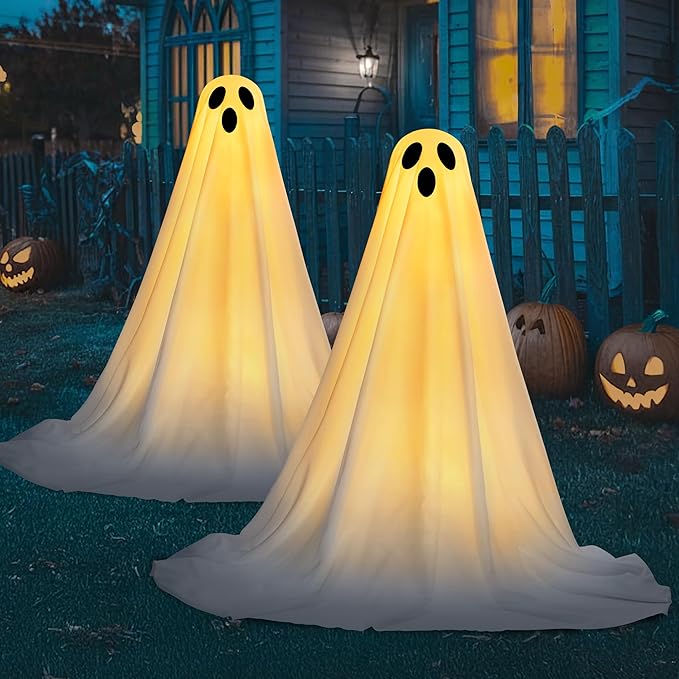 JOYIN 2 Pack 47'' Halloween Decorations Outdoor Light Up Ghost with Timer, Standing Ghost Halloween Decor with Warm String Light for Yard Porch Lawn Garden Party Supplies