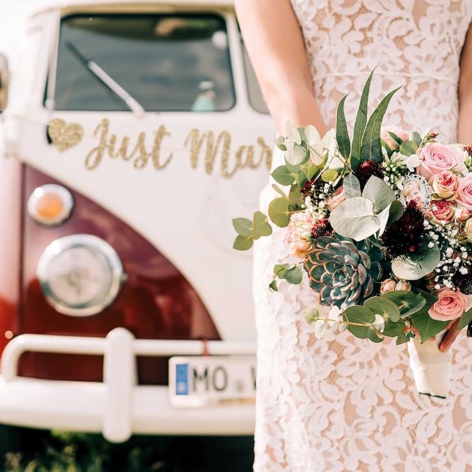 Pre-strung Just Married Banner - No DIY - Gold Glitter Wedding Party Banner in Script - Pre-strung Garland on 6 ft Strand - Gold Wedding Reception Party Decorations & Decor. Did We Mention No DIY