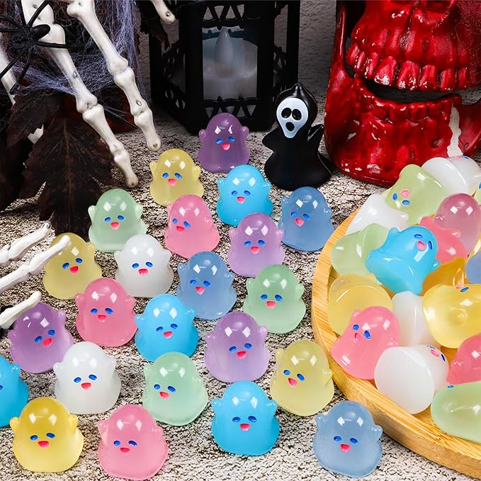 60pcs Halloween Luminous Mini Ghosts Figures 8 Colours Glow in The Dark Miniature Resin Ghost Figurines to Hide Bulk Tiny Small Statue for Halloween Party Favors Micro Garden Dollhouse Decorations