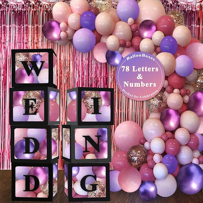 Ledido Black Transparent Balloon Boxes With 78 Letters Numbers, Letter Box for Baby Shower Clear Baby Box Black Balloon Boxes for Birthday, Bridal Shower, Graduation Prom Party Decoration, 7 PCS