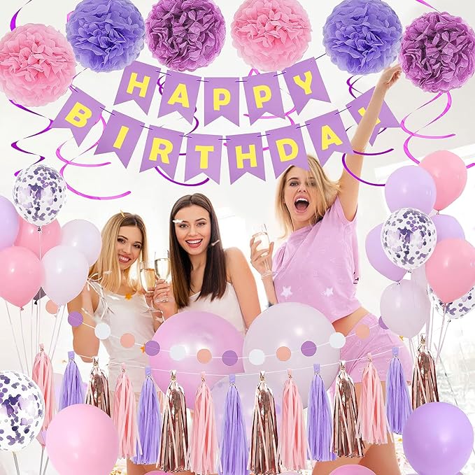 Purple Pink Birthday Party Decorations for Women Girls with Happy Birthday Banner,Hanging Swirls,Tissue Paper Pompoms,Circle Dots Garland,Tassel Garland Purple Balloons